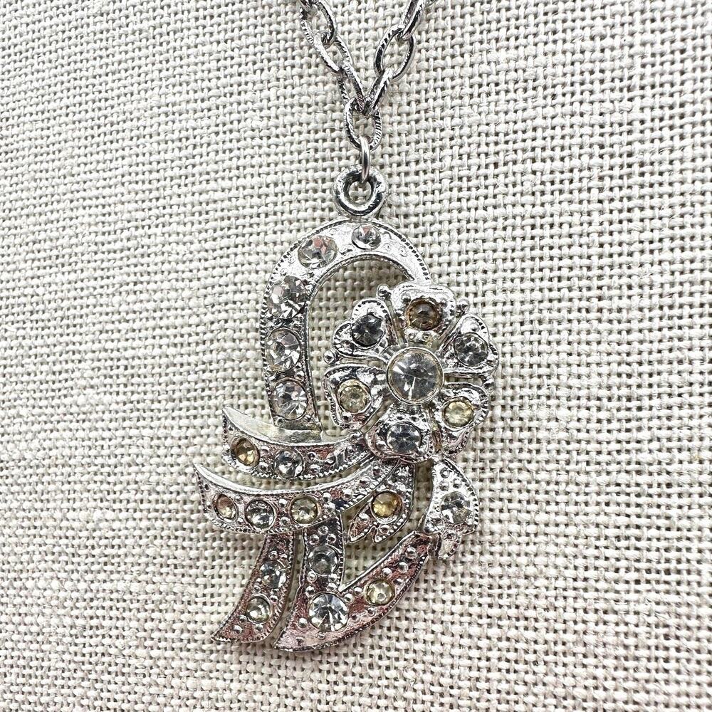 Vintage Y2K Silver Tone Rhinestone Abstract Floral Pendant Necklace Jewelry Boho